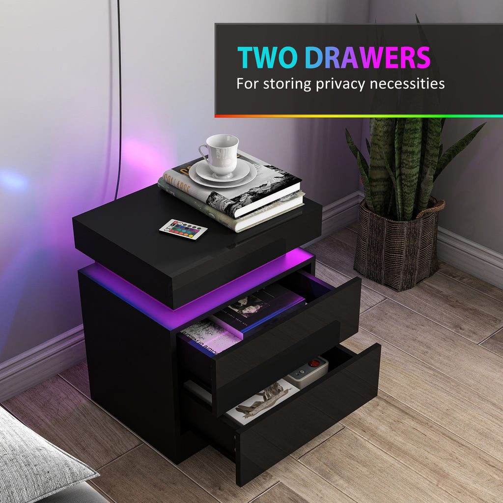 Black Nightstand Set of 2 | 20.5" LED Bedside Tables with Drawers