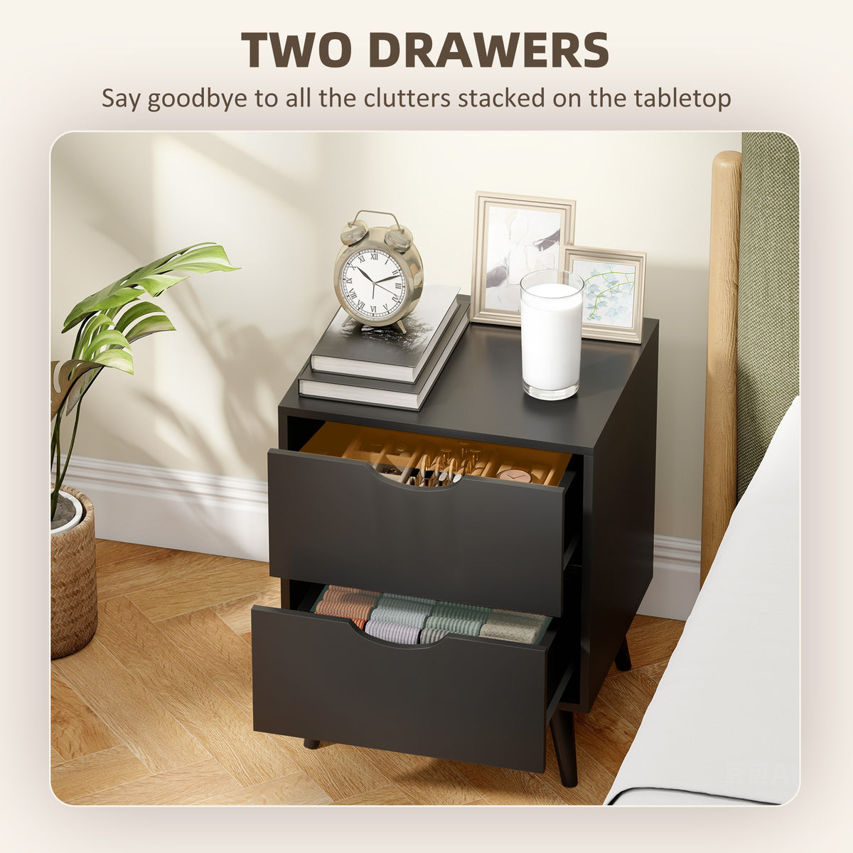 Black Nightstand Set of 2 | 19.9" Bedside Tables with Pine Wood Legs